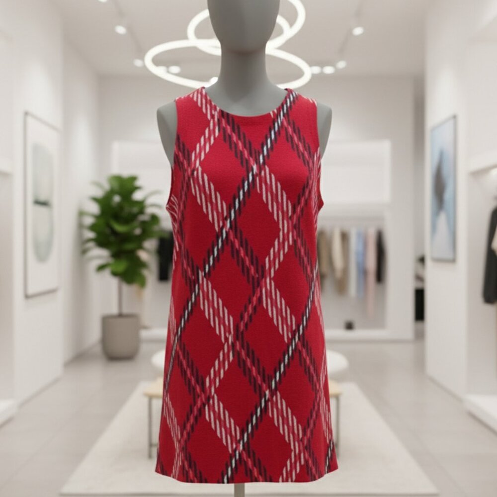Crown & Ivy Red Plaid Sweater Dress Sleeveless Shift Tartan Argyle Knit Medium M